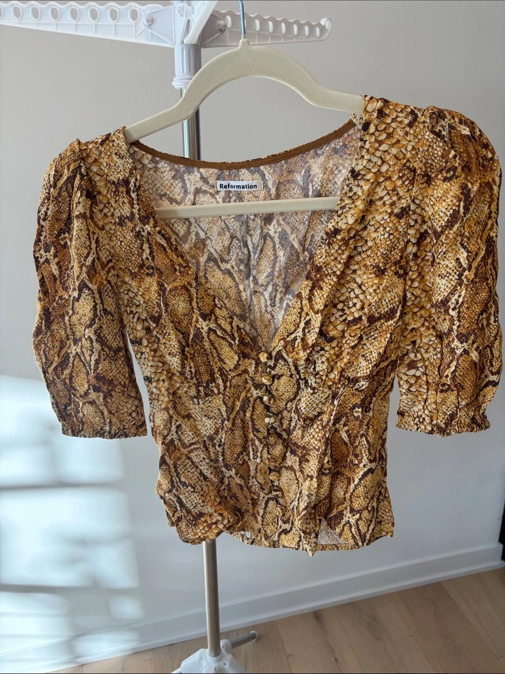 Reformation Brown Tan Snake-Print V-Neck Puff Sleeve Blouse